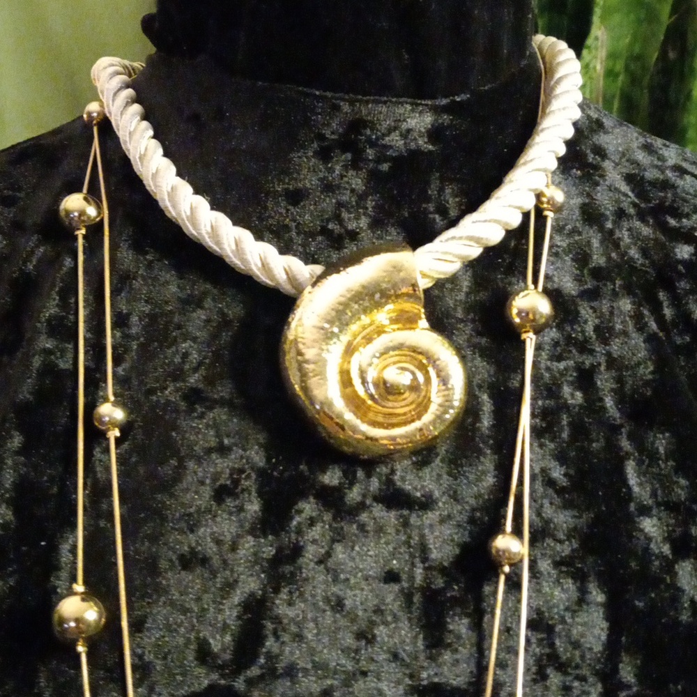 Gold Necklace with Shell Pendant . Long & Layered Gold Beads